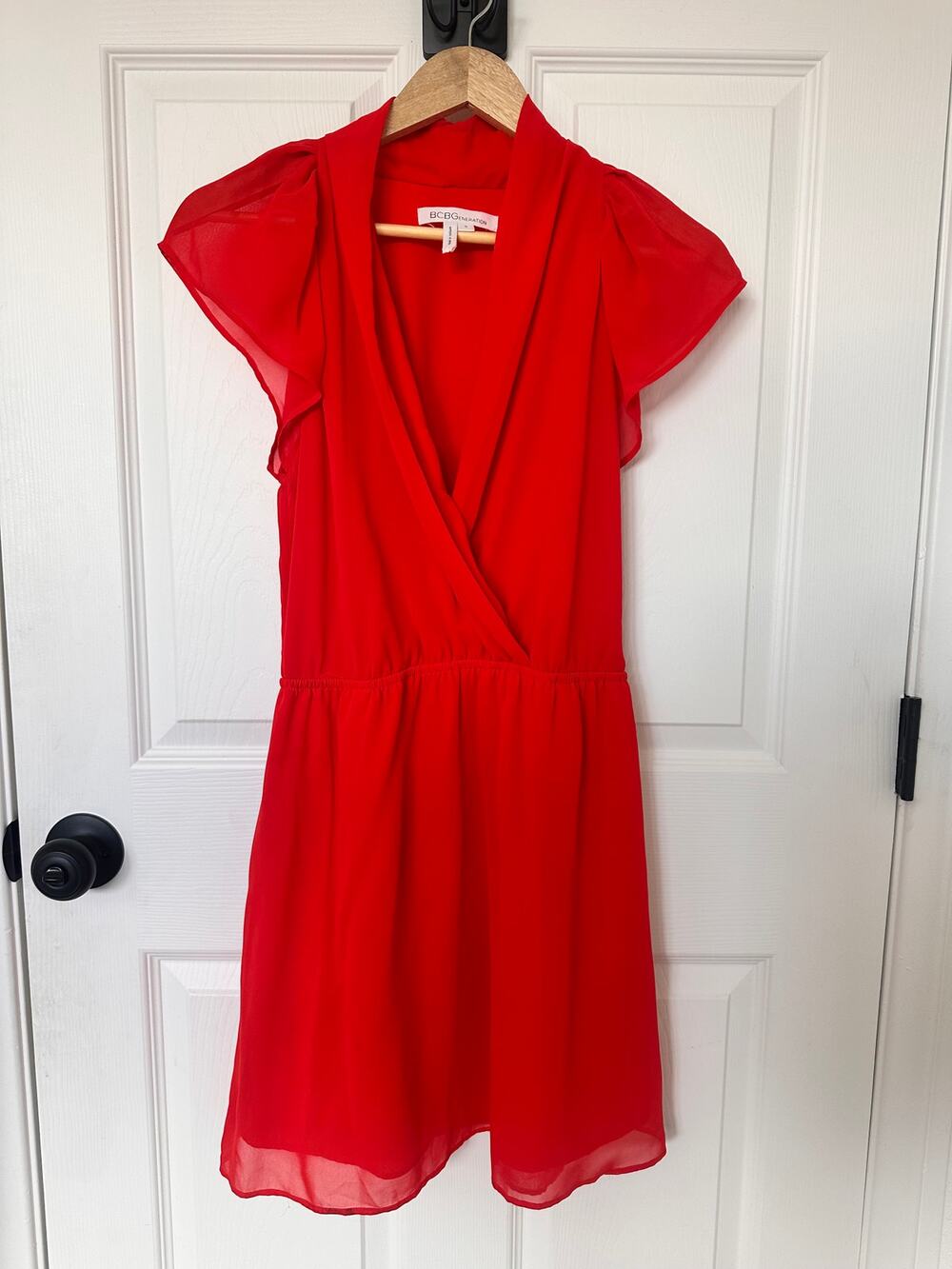 BCBGeneration Red Chiffon Faux Wrap Dress S Flutter Sleeve Pockets Cocktail